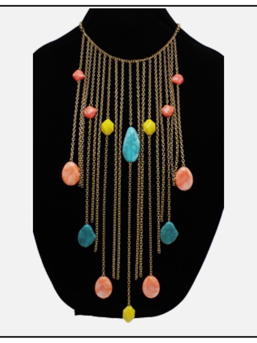 Charming Charlie Layered Tassel Statement Necklace -  Coral, Turquoise & Yellow